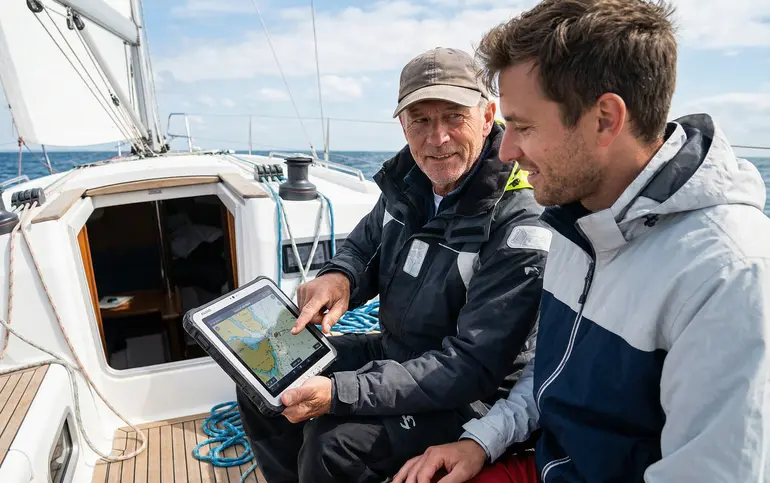 An instructor showing a student the route on a chart plotter on board a sailboat