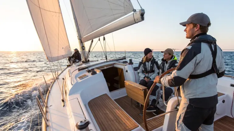 A skipper at the helm of a sailboat at sunset, with a crew of three on board